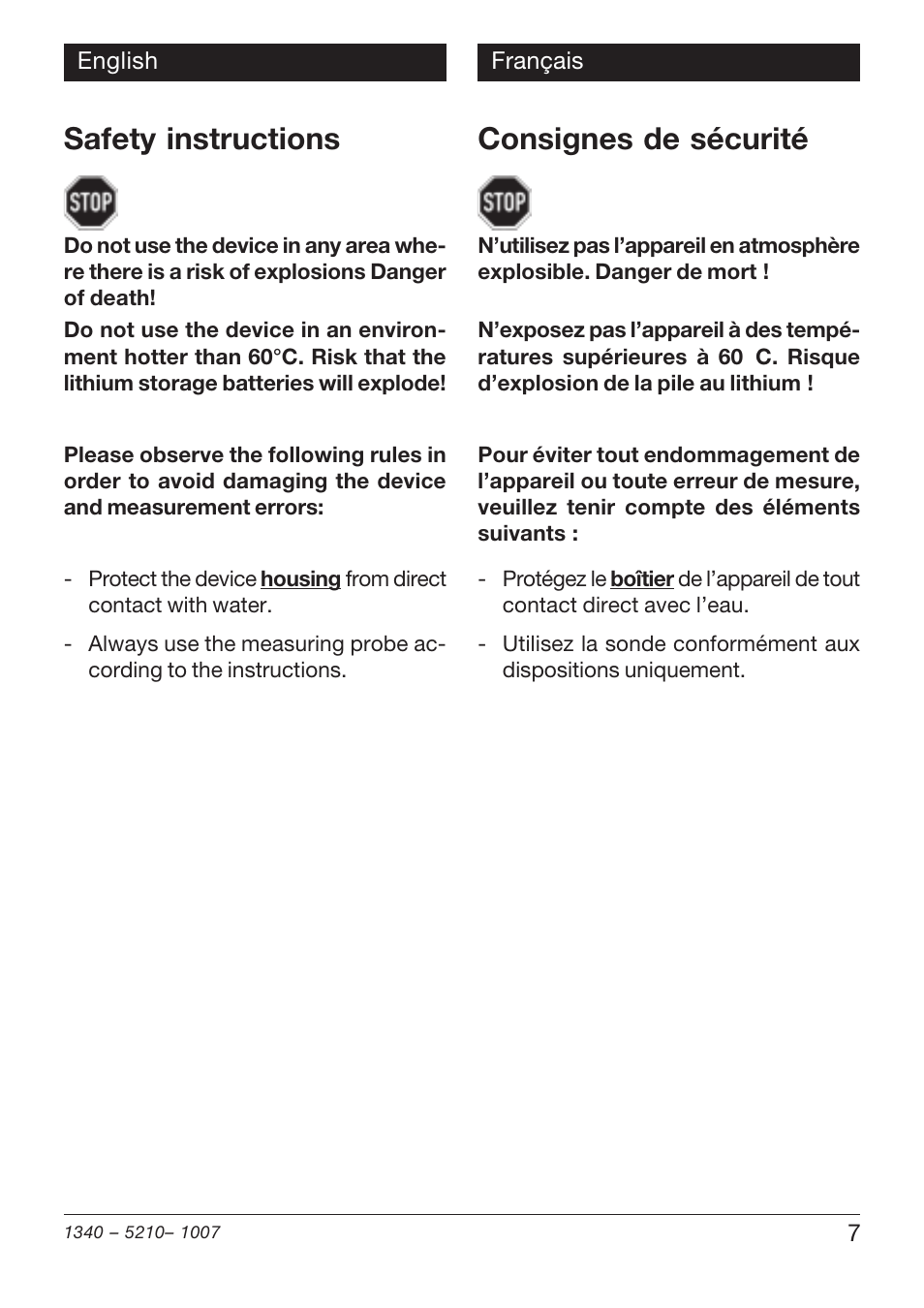 Safety instructions, Consignes de sécurité | Xylem SSX 210 User Manual | Page 7 / 28