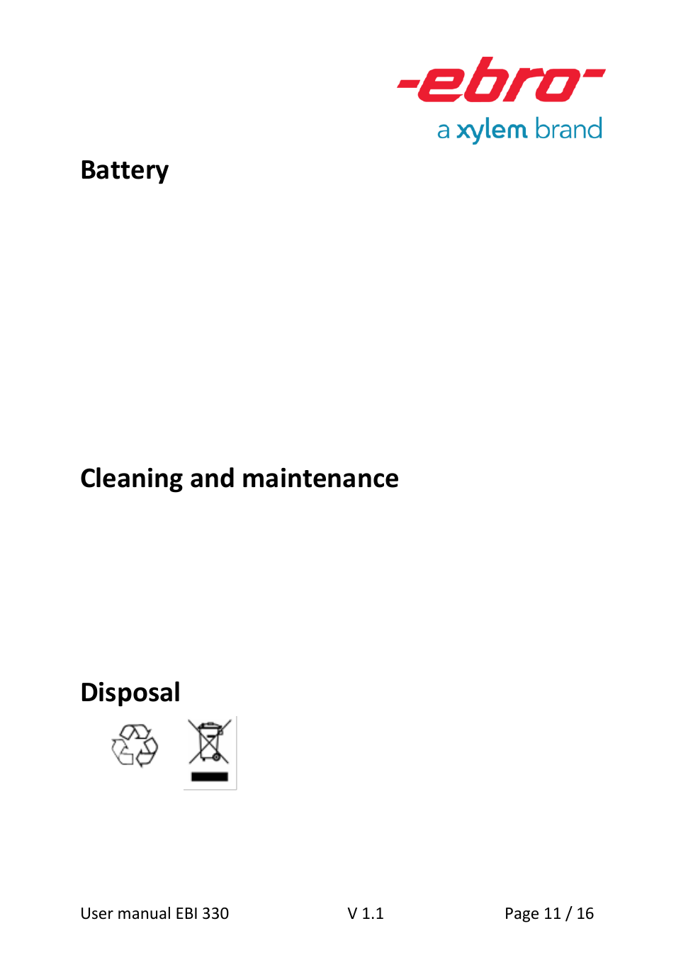 Battery, Cleaning and maintenance, Disposal | Xylem EBI 330-T85 User Manual | Page 11 / 16