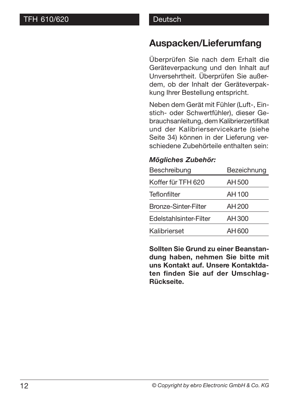 Auspacken/lieferumfang | Xylem TFH 610/620 User Manual | Page 12 / 56