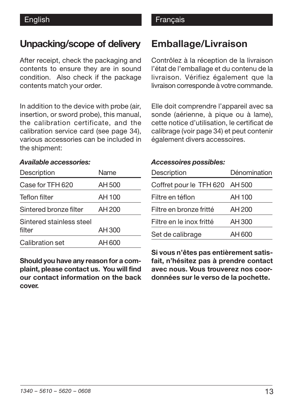 Unpacking/scope of delivery, Emballage/livraison | Xylem TFH 610/620 User Manual | Page 13 / 56