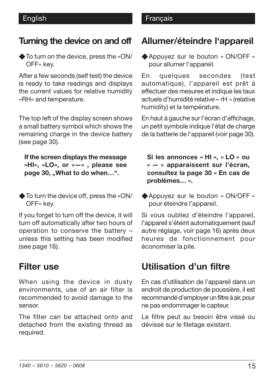 Turning the device on and off, Filter use, Allumer/éteindre l‘appareil | Utilisation d’un filtre | Xylem TFH 610/620 User Manual | Page 15 / 56