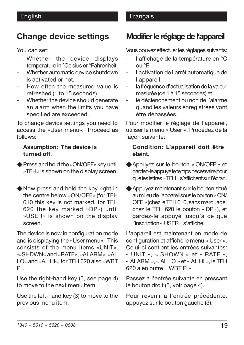 Change device settings, Modifier le réglage de l‘appareil | Xylem TFH 610/620 User Manual | Page 19 / 56
