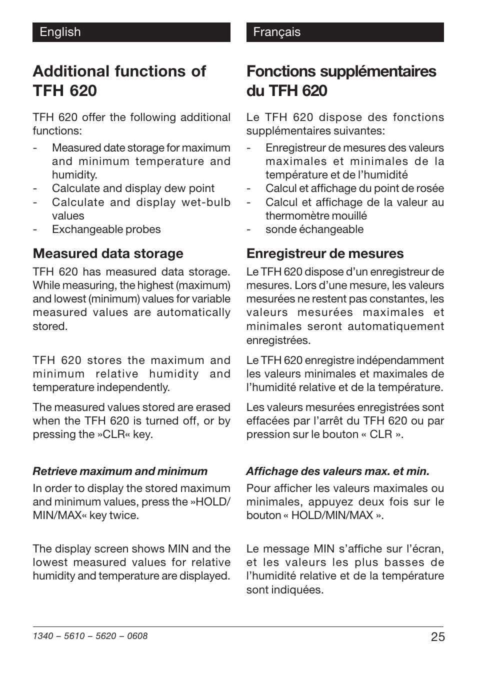 Additional functions of tfh 620, Fonctions supplémentaires du tfh 620, Measured data storage | Enregistreur de mesures | Xylem TFH 610/620 User Manual | Page 25 / 56