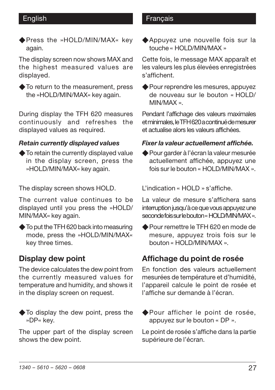Display dew point, Affichage du point de rosée | Xylem TFH 610/620 User Manual | Page 27 / 56