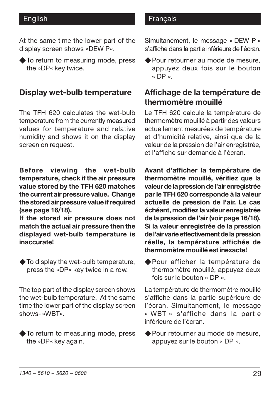 Display wet-bulb temperature, Affichage de la température de thermomètre mouillé | Xylem TFH 610/620 User Manual | Page 29 / 56