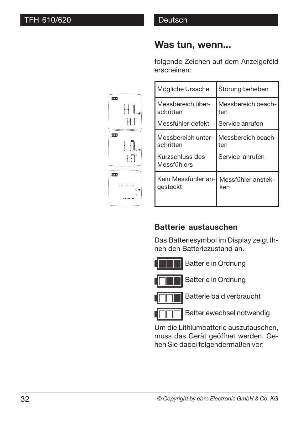 Was tun, wenn, Batterie austauschen, Folgende zeichen auf dem anzeigefeld erscheinen | Xylem TFH 610/620 User Manual | Page 32 / 56