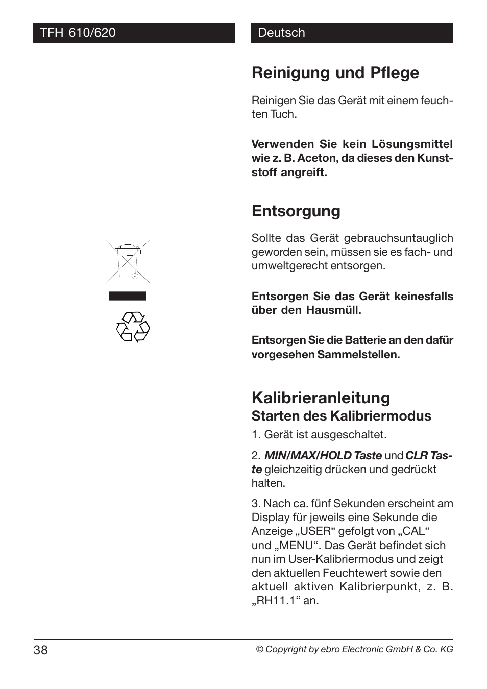 Reinigung und pflege, Entsorgung, Kalibrieranleitung | Xylem TFH 610/620 User Manual | Page 38 / 56