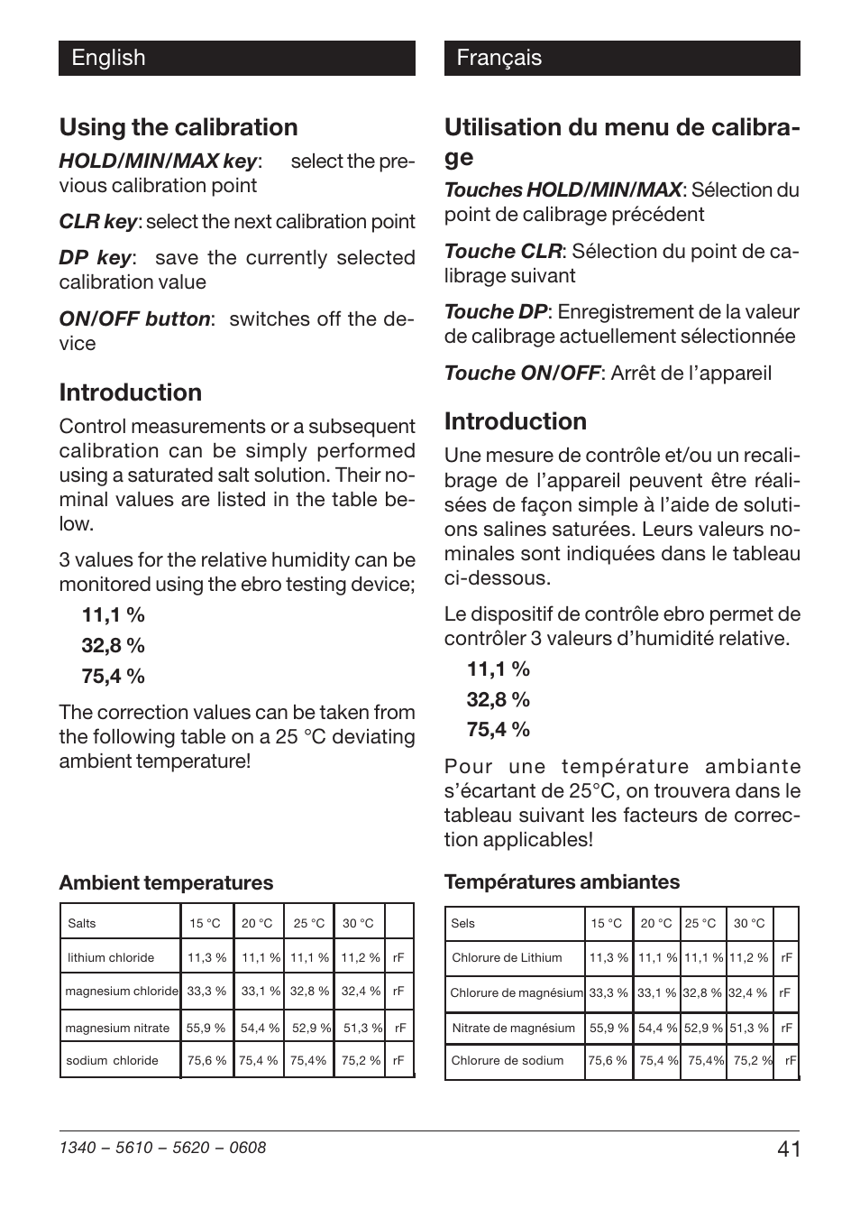 Using the calibration, Introduction, Utilisation du menu de calibra- ge | 41 english français | Xylem TFH 610/620 User Manual | Page 41 / 56