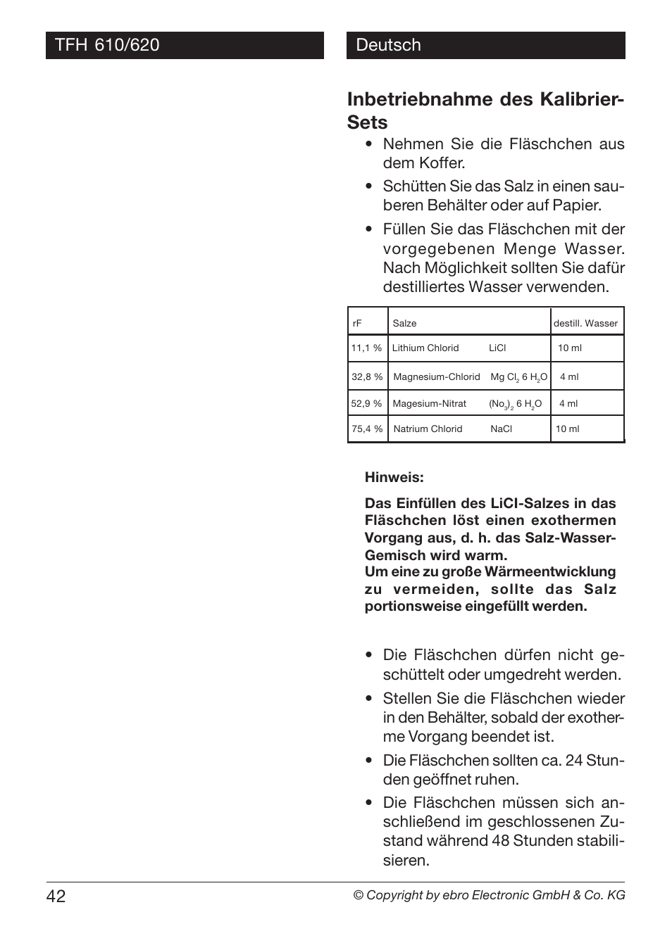 Inbetriebnahme des kalibrier- sets | Xylem TFH 610/620 User Manual | Page 42 / 56