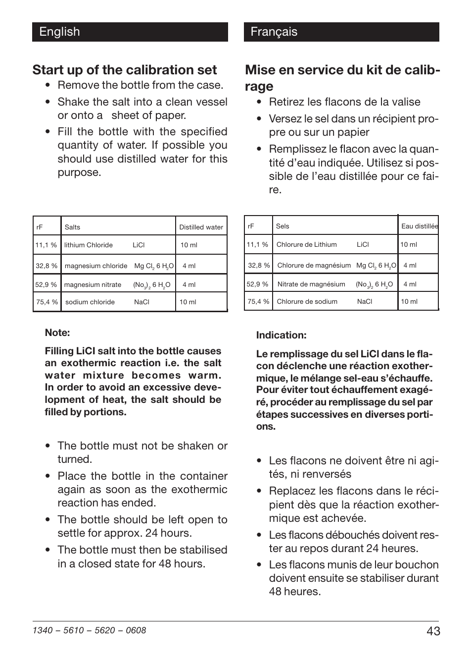 Start up of the calibration set, Mise en service du kit de calib- rage, 43 english français | Xylem TFH 610/620 User Manual | Page 43 / 56
