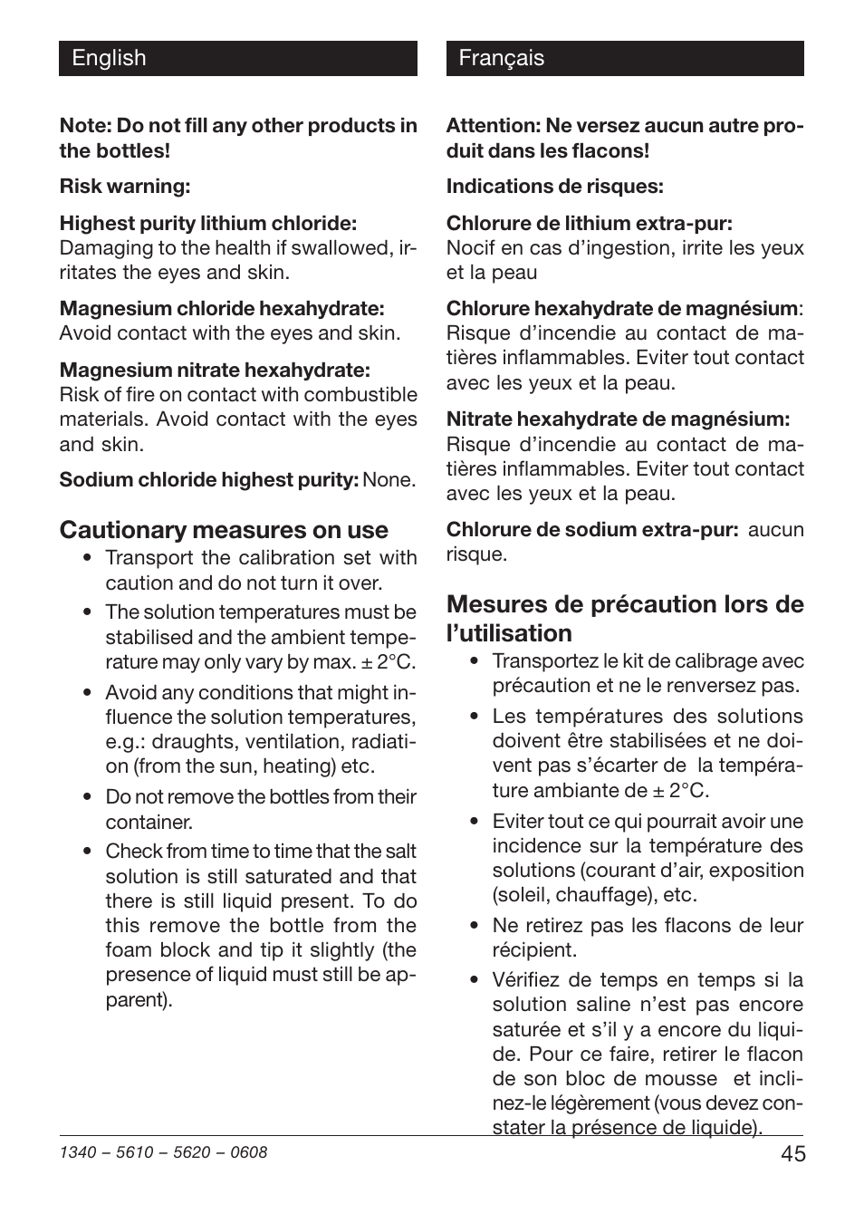 Cautionary measures on use, Mesures de précaution lors de l’utilisation | Xylem TFH 610/620 User Manual | Page 45 / 56
