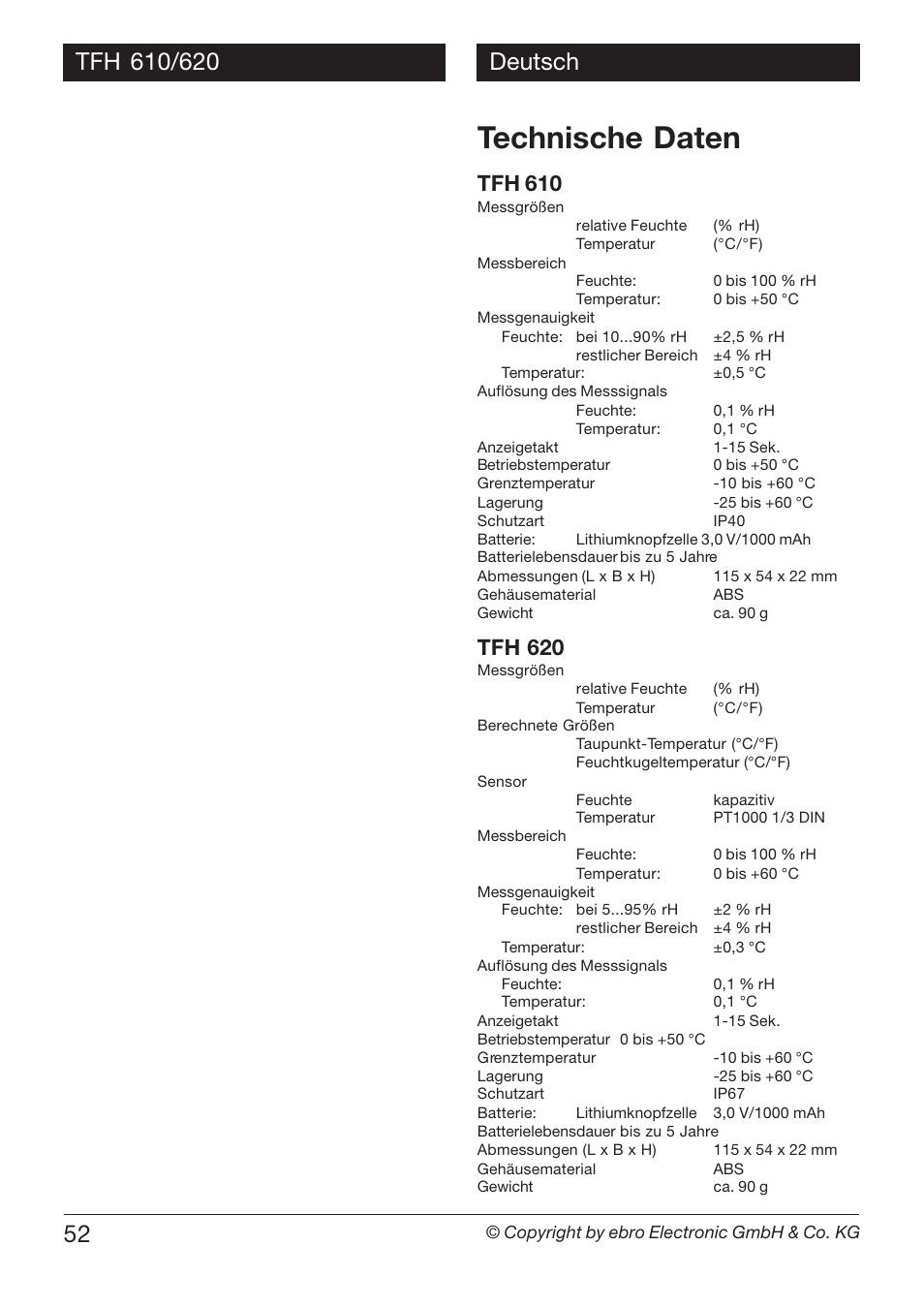 Technische daten, Tfh 610, Tfh 620 | Xylem TFH 610/620 User Manual | Page 52 / 56