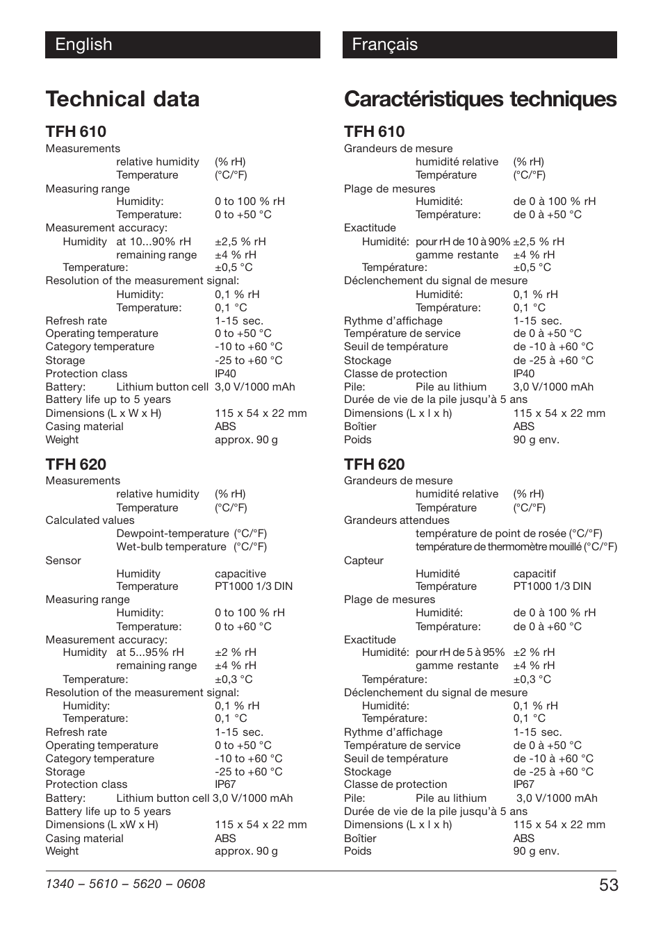 Technical data, Caractéristiques techniques, 53 english français | Tfh 610, Tfh 620 | Xylem TFH 610/620 User Manual | Page 53 / 56