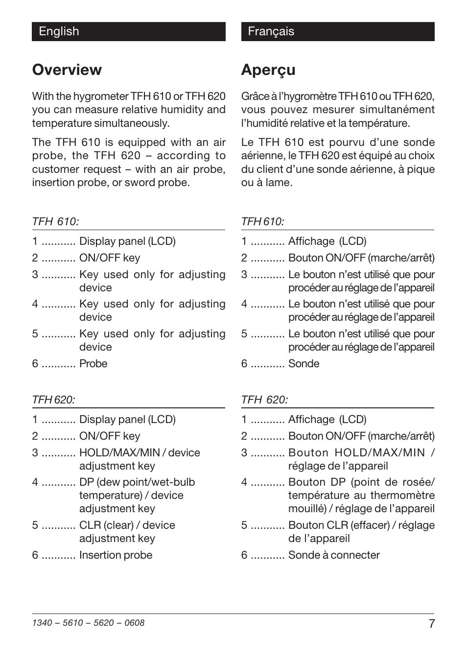 Overview, Aperçu | Xylem TFH 610/620 User Manual | Page 7 / 56