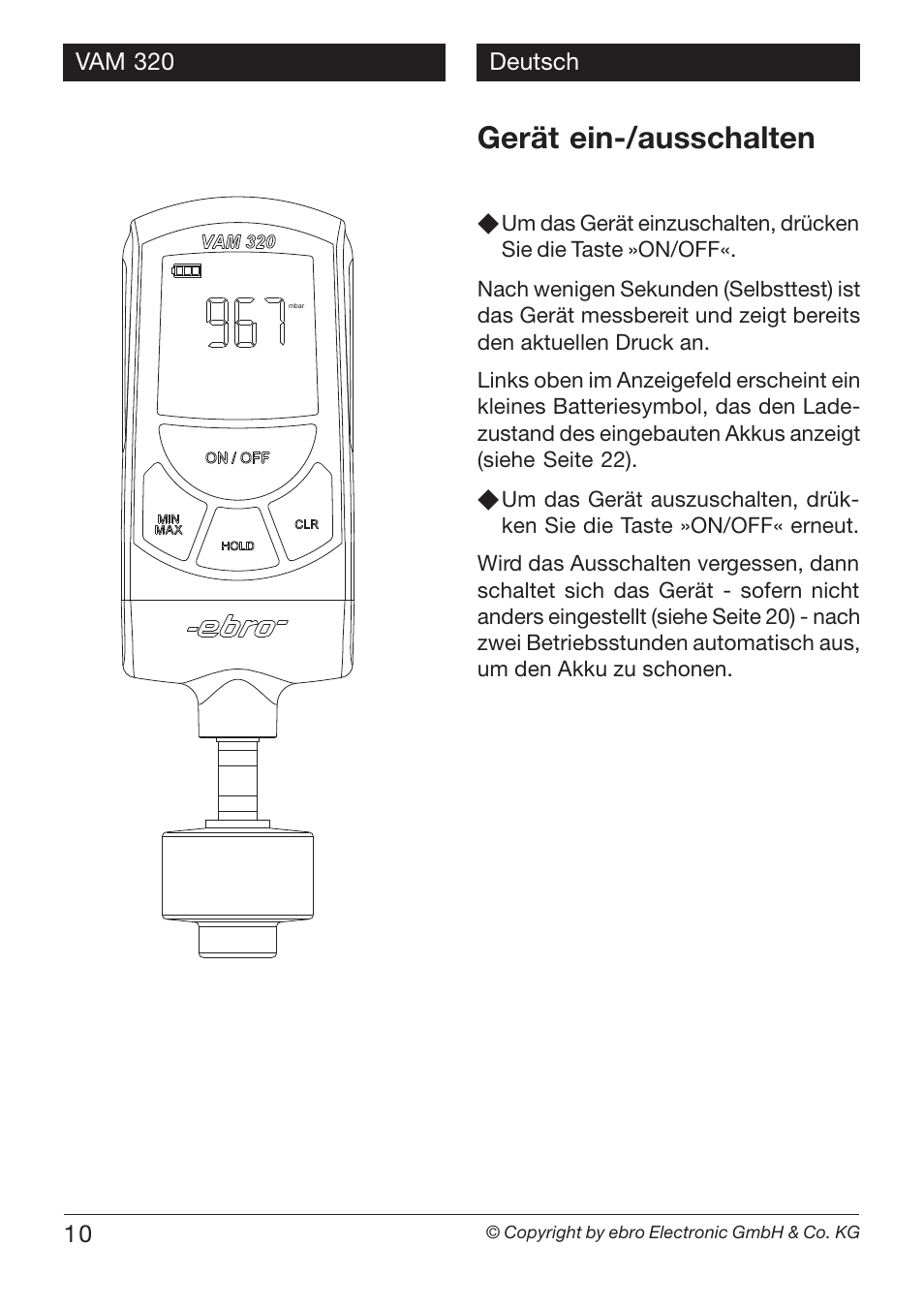 Gerät ein-/ausschalten | Xylem VAM 320 User Manual | Page 10 / 28