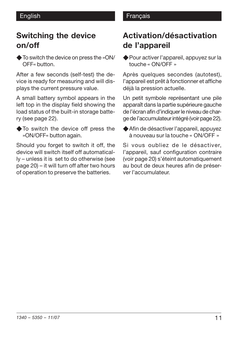 Switching the device on/off, Activation/désactivation de l’appareil | Xylem VAM 320 User Manual | Page 11 / 28