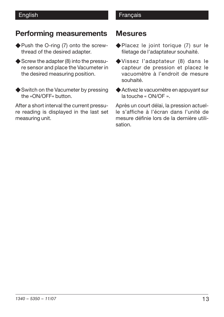 Performing measurements, Mesures | Xylem VAM 320 User Manual | Page 13 / 28