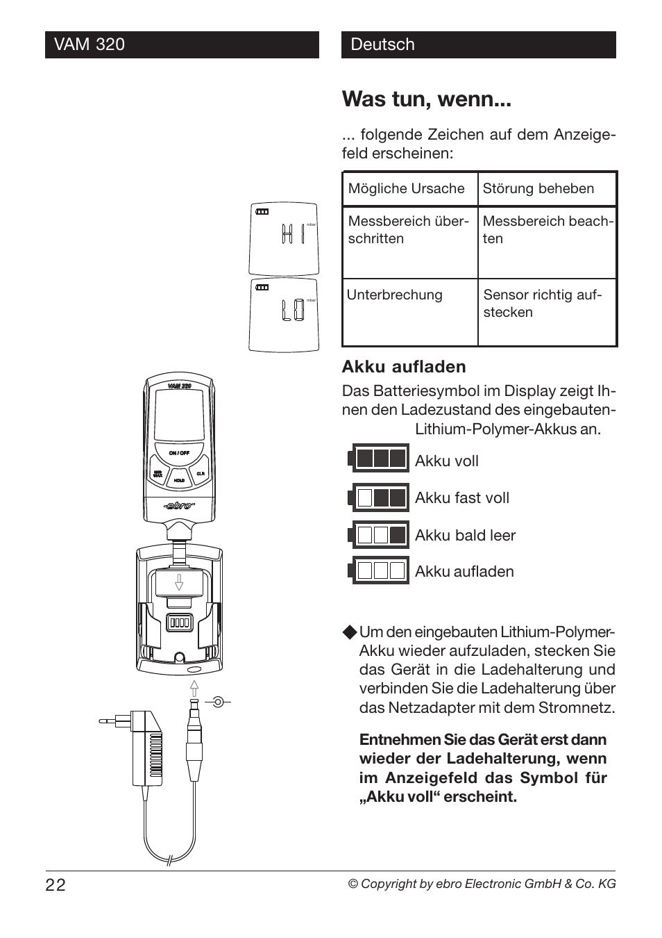 Was tun, wenn | Xylem VAM 320 User Manual | Page 22 / 28