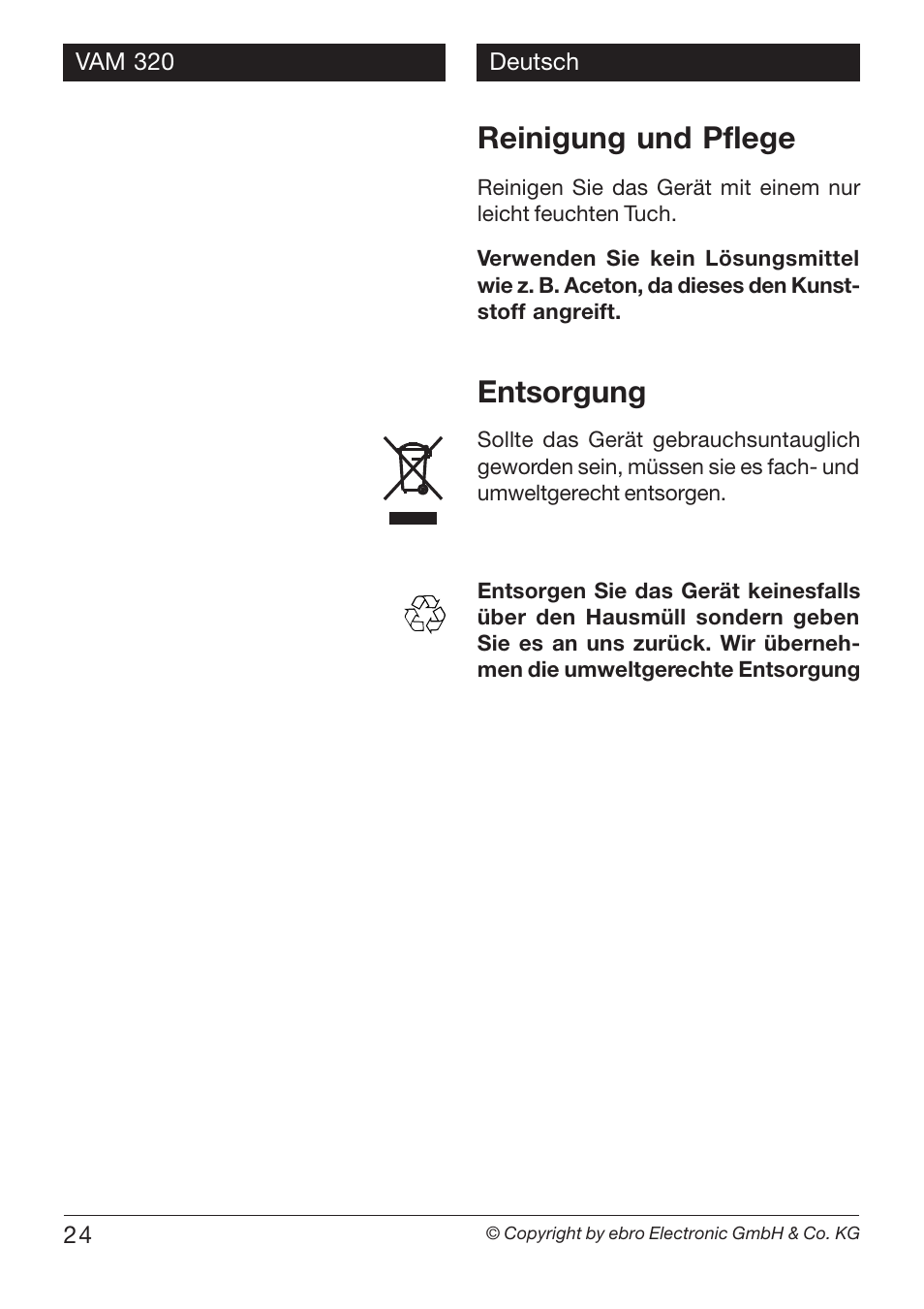 Reinigung und pflege, Entsorgung | Xylem VAM 320 User Manual | Page 24 / 28