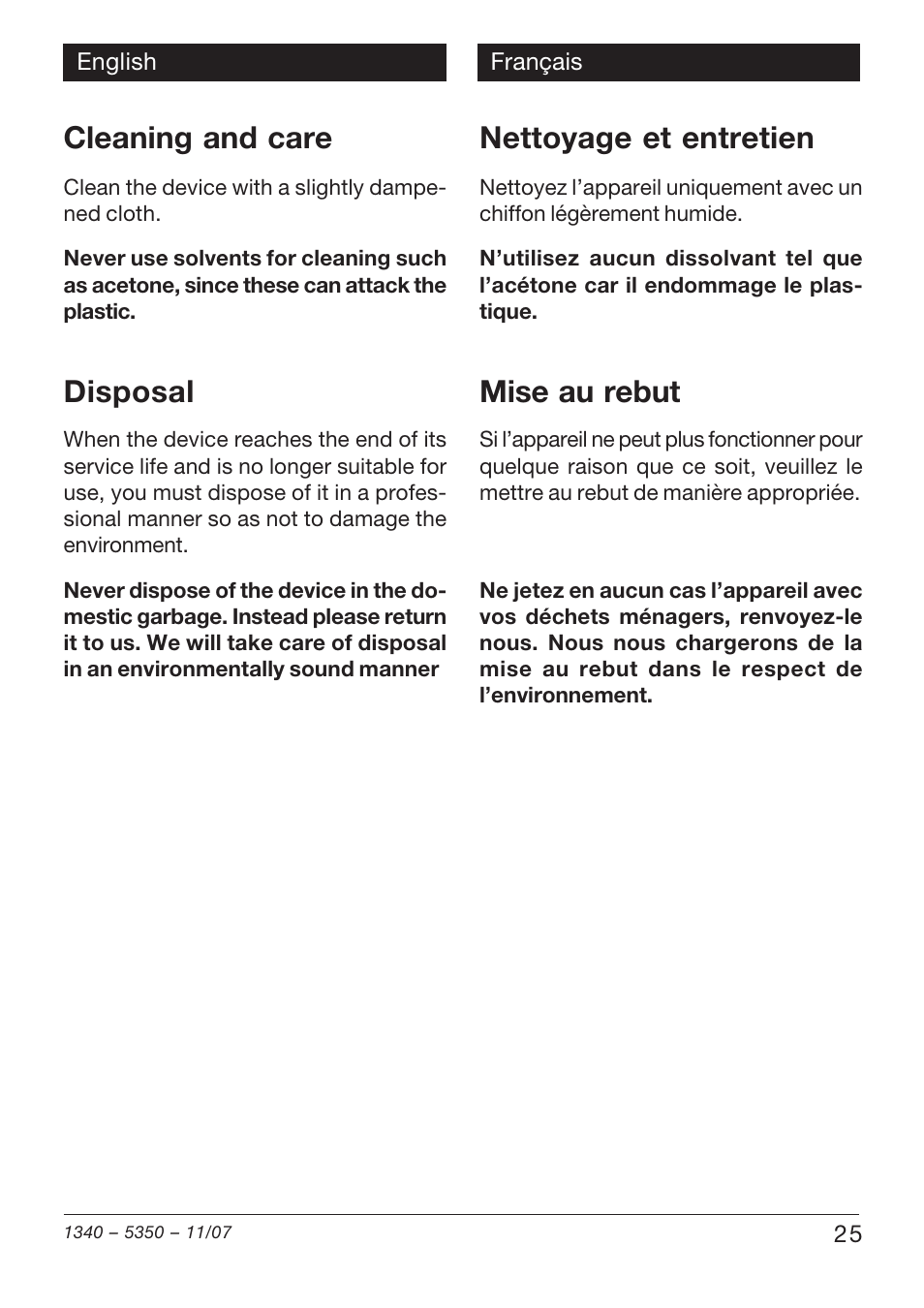 Cleaning and care, Disposal, Nettoyage et entretien | Mise au rebut | Xylem VAM 320 User Manual | Page 25 / 28