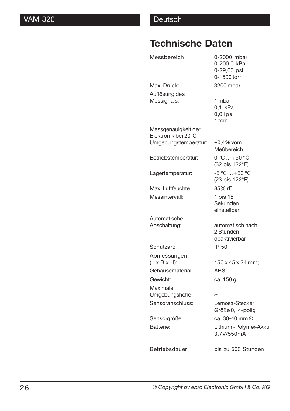 Technische daten | Xylem VAM 320 User Manual | Page 26 / 28