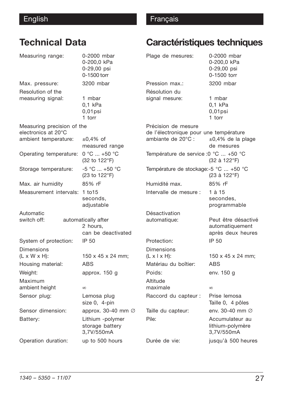 Technical data, Caractéristiques techniques, 27 english français | Xylem VAM 320 User Manual | Page 27 / 28