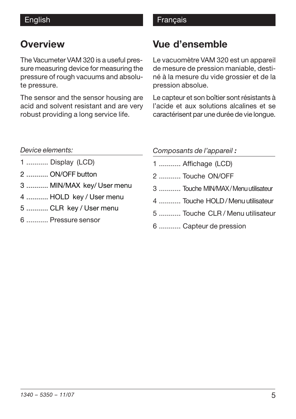 Overview, Vue d’ensemble | Xylem VAM 320 User Manual | Page 5 / 28