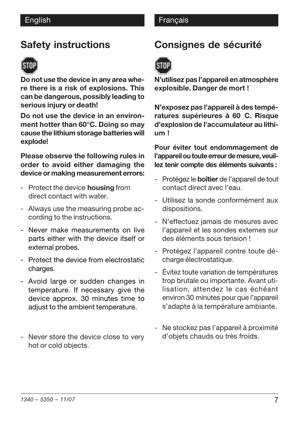 Safety instructions, Consignes de sécurité | Xylem VAM 320 User Manual | Page 7 / 28