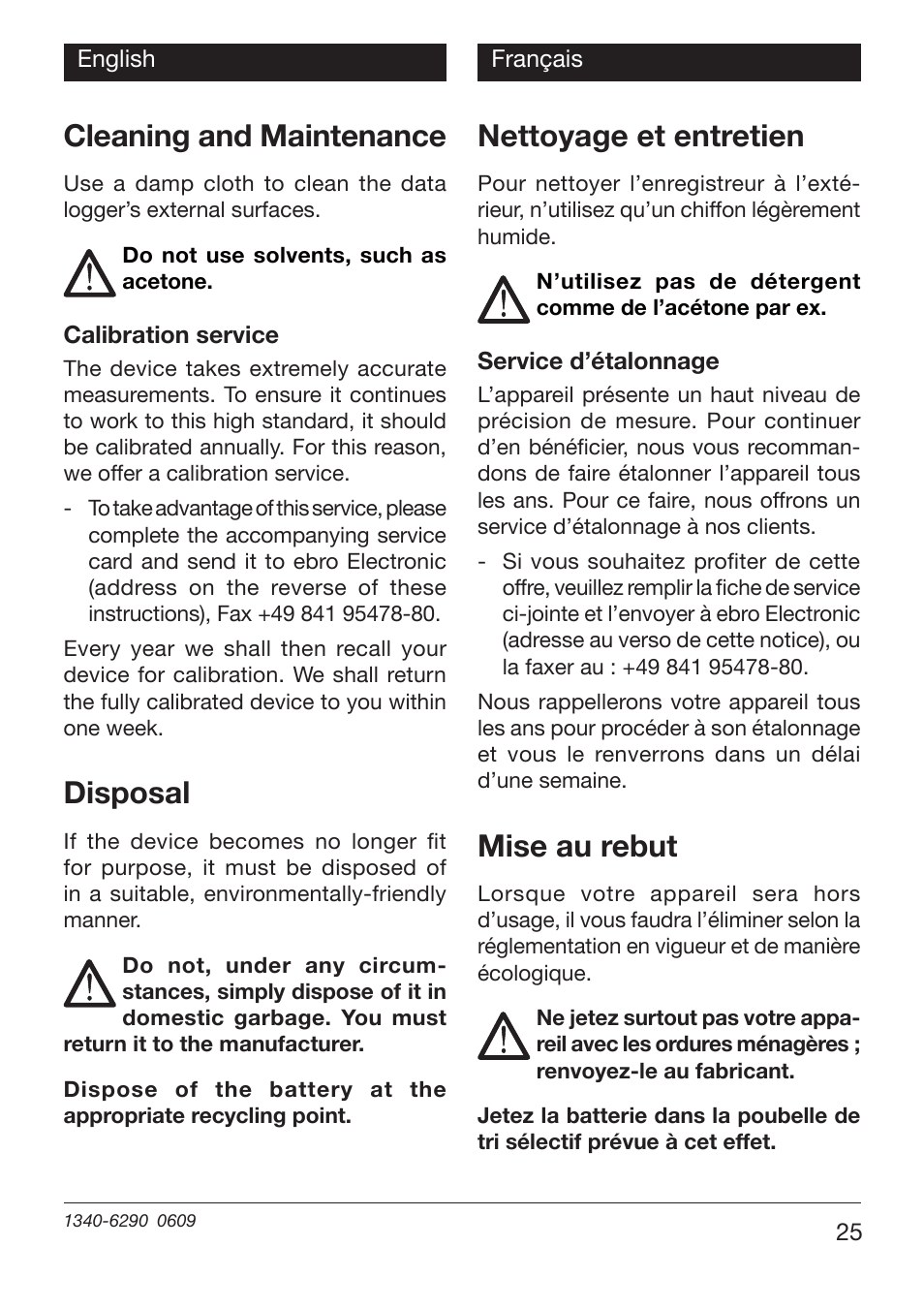 Cleaning and maintenance, Disposal, Nettoyage et entretien | Mise au rebut | Xylem EBI 11 User Manual | Page 25 / 28