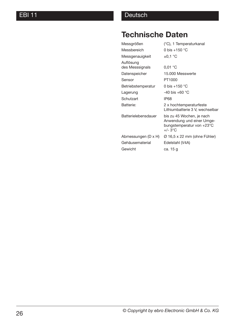 Technische daten, Ebi 11 26 deutsch | Xylem EBI 11 User Manual | Page 26 / 28