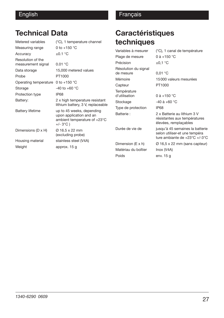 Technical data, Caractéristiques techniques, 27 english français | Xylem EBI 11 User Manual | Page 27 / 28