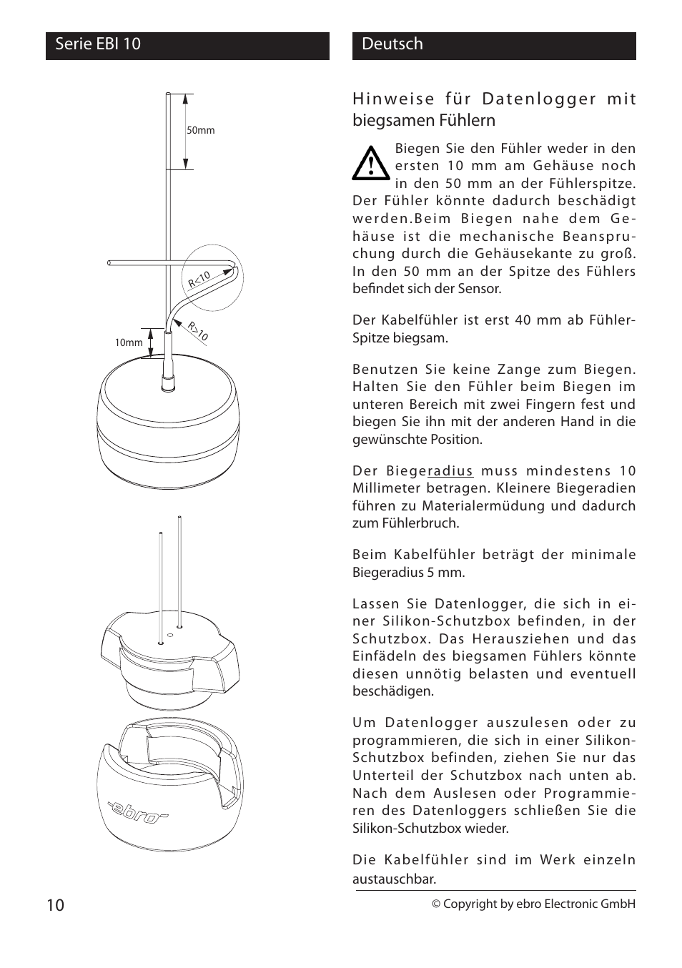 Serie ebi 10 10 deutsch, Hinweise für datenlogger mit biegsamen fühlern | Xylem EBI 10 Serie User Manual | Page 10 / 40