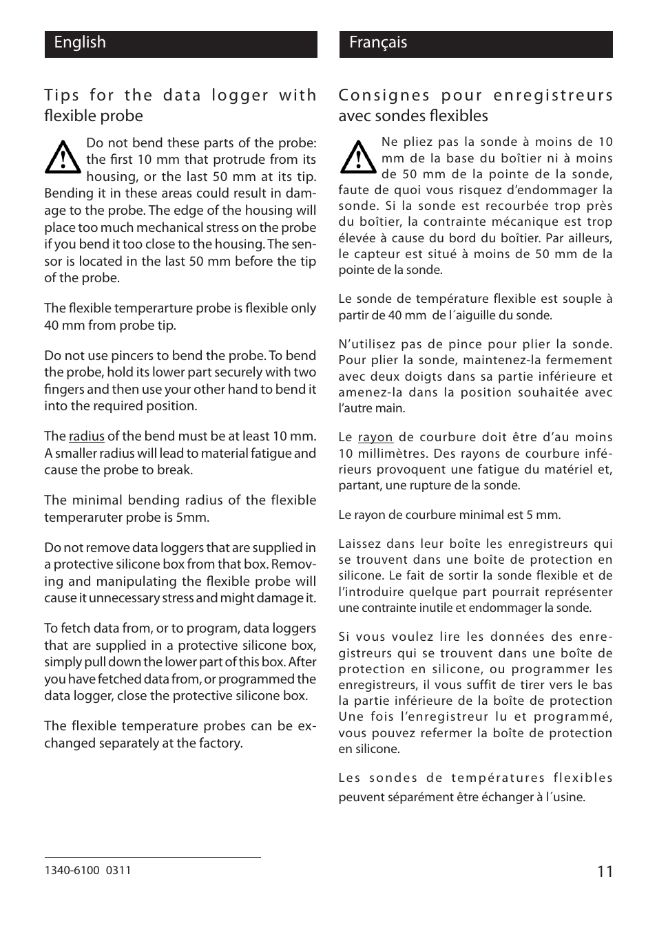 11 english français, Tips for the data logger with flexible probe, Consignes pour enregistreurs avec sondes flexibles | Xylem EBI 10 Serie User Manual | Page 11 / 40