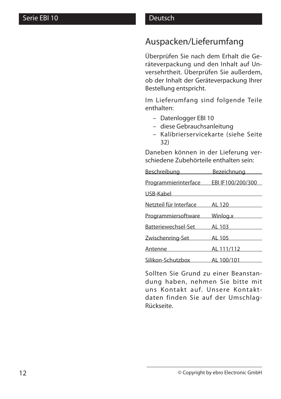 Auspacken/lieferumfang | Xylem EBI 10 Serie User Manual | Page 12 / 40