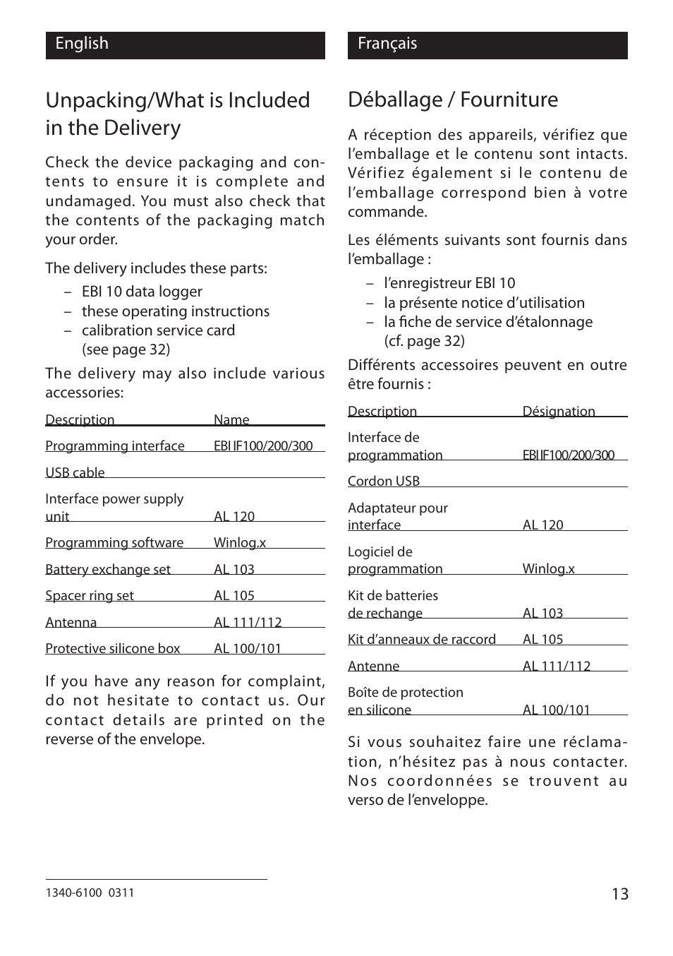 Unpacking/what is included in the delivery, Déballage / fourniture | Xylem EBI 10 Serie User Manual | Page 13 / 40