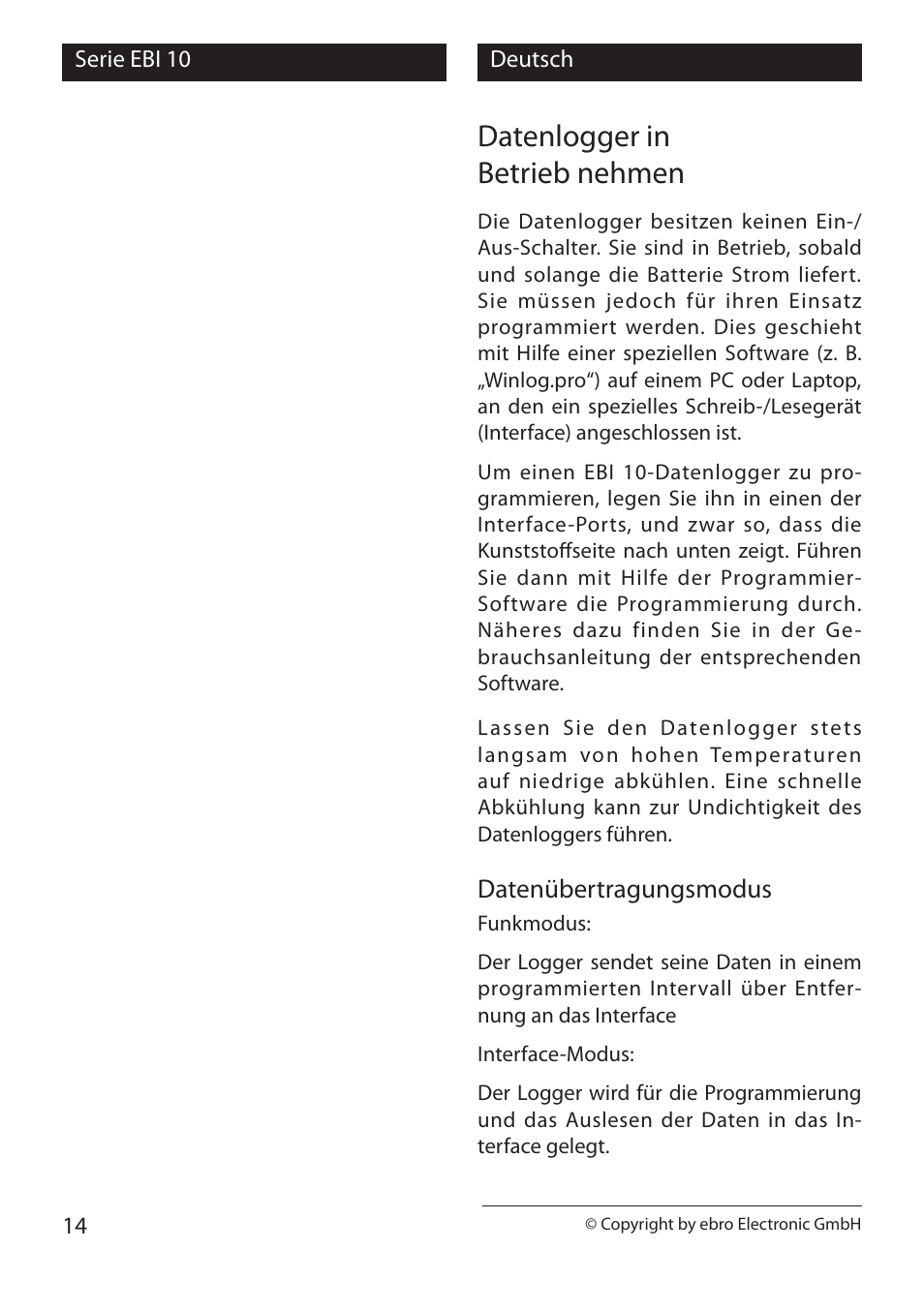 Datenlogger in betrieb nehmen, Datenübertragungsmodus | Xylem EBI 10 Serie User Manual | Page 14 / 40