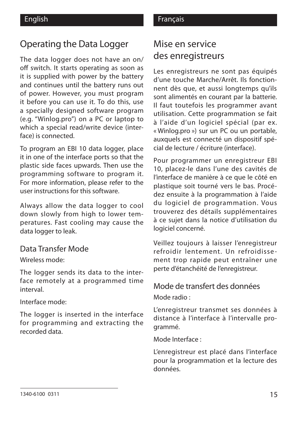 Operating the data logger, Mise en service des enregistreurs, Data transfer mode | Mode de transfert des données | Xylem EBI 10 Serie User Manual | Page 15 / 40