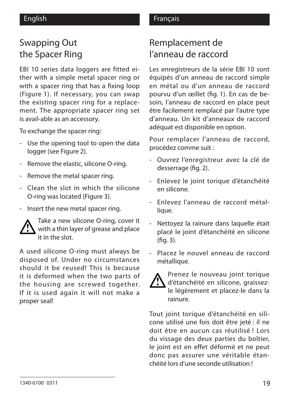 Swapping out the spacer ring, Remplacement de l’anneau de raccord | Xylem EBI 10 Serie User Manual | Page 19 / 40