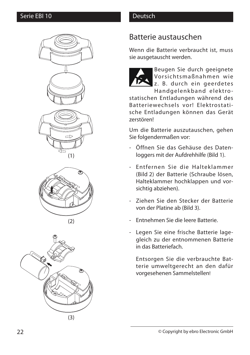 Batterie austauschen | Xylem EBI 10 Serie User Manual | Page 22 / 40