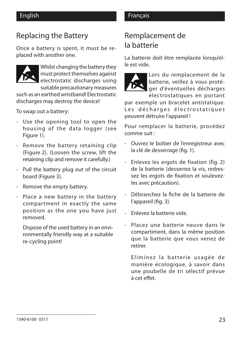 Replacing the battery, Remplacement de la batterie | Xylem EBI 10 Serie User Manual | Page 23 / 40