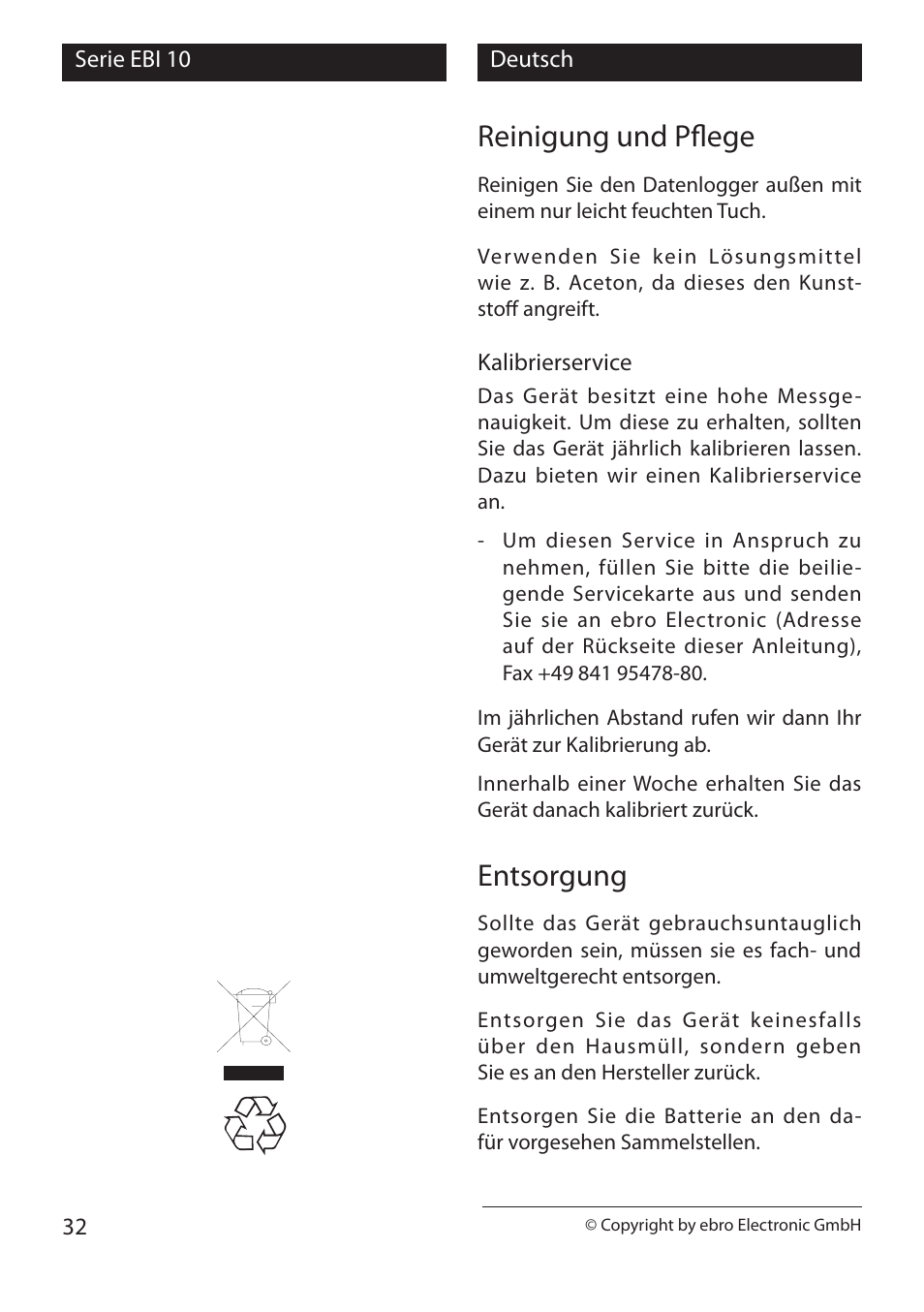 Reinigung und pflege, Entsorgung | Xylem EBI 10 Serie User Manual | Page 32 / 40
