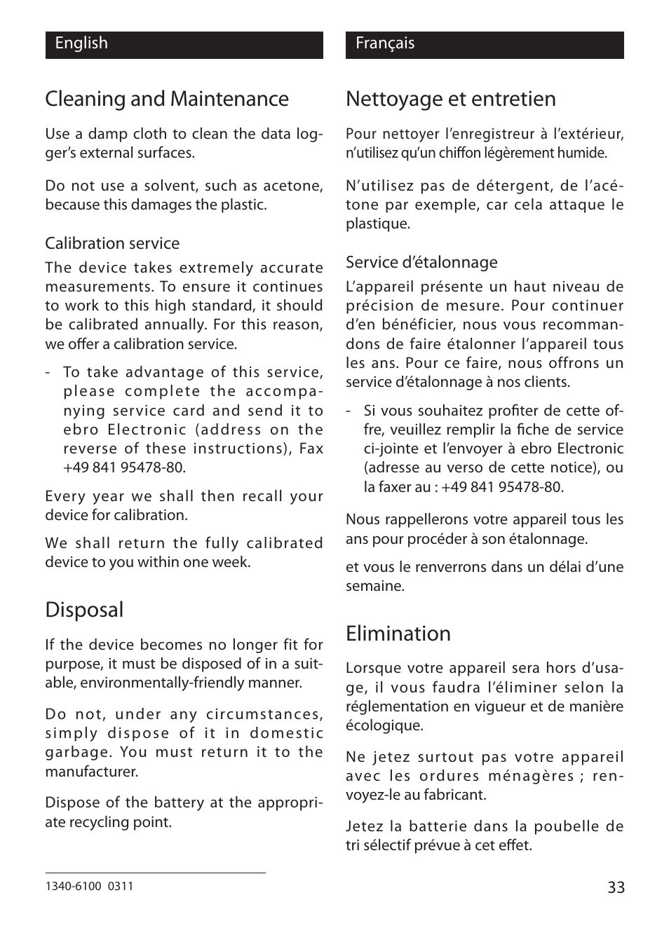 Cleaning and maintenance, Disposal, Nettoyage et entretien | Elimination | Xylem EBI 10 Serie User Manual | Page 33 / 40
