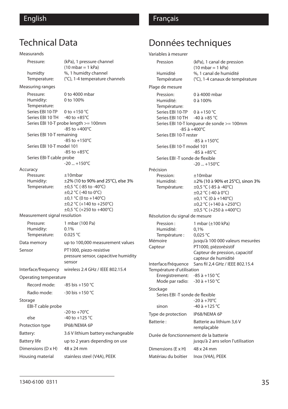 Technical data, Données techniques, 35 english français | Xylem EBI 10 Serie User Manual | Page 35 / 40