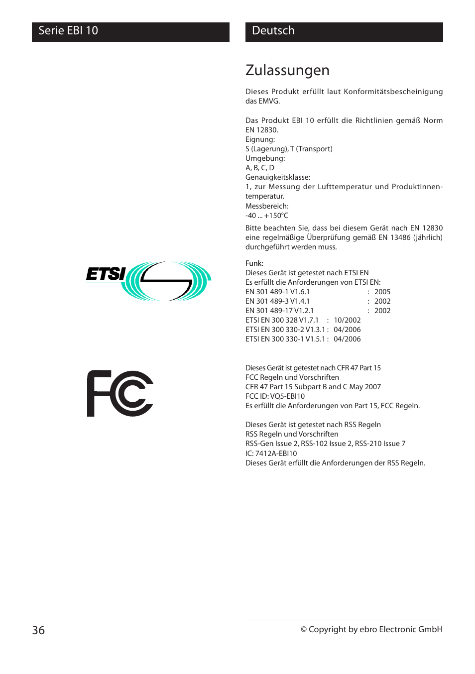 Zulassungen, Serie ebi 10 36 deutsch | Xylem EBI 10 Serie User Manual | Page 36 / 40