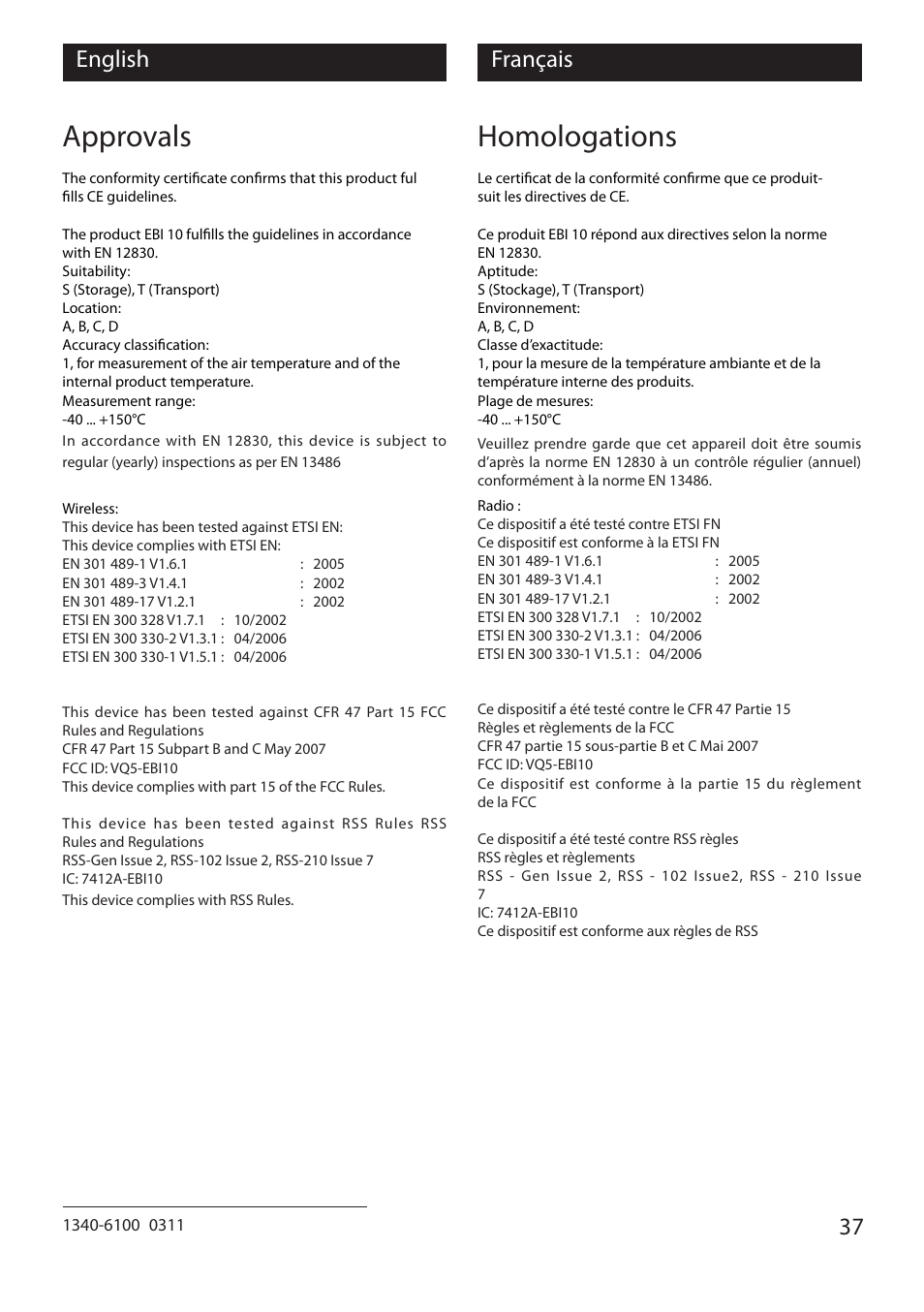 Approvals, Homologations, 37 english français | Xylem EBI 10 Serie User Manual | Page 37 / 40