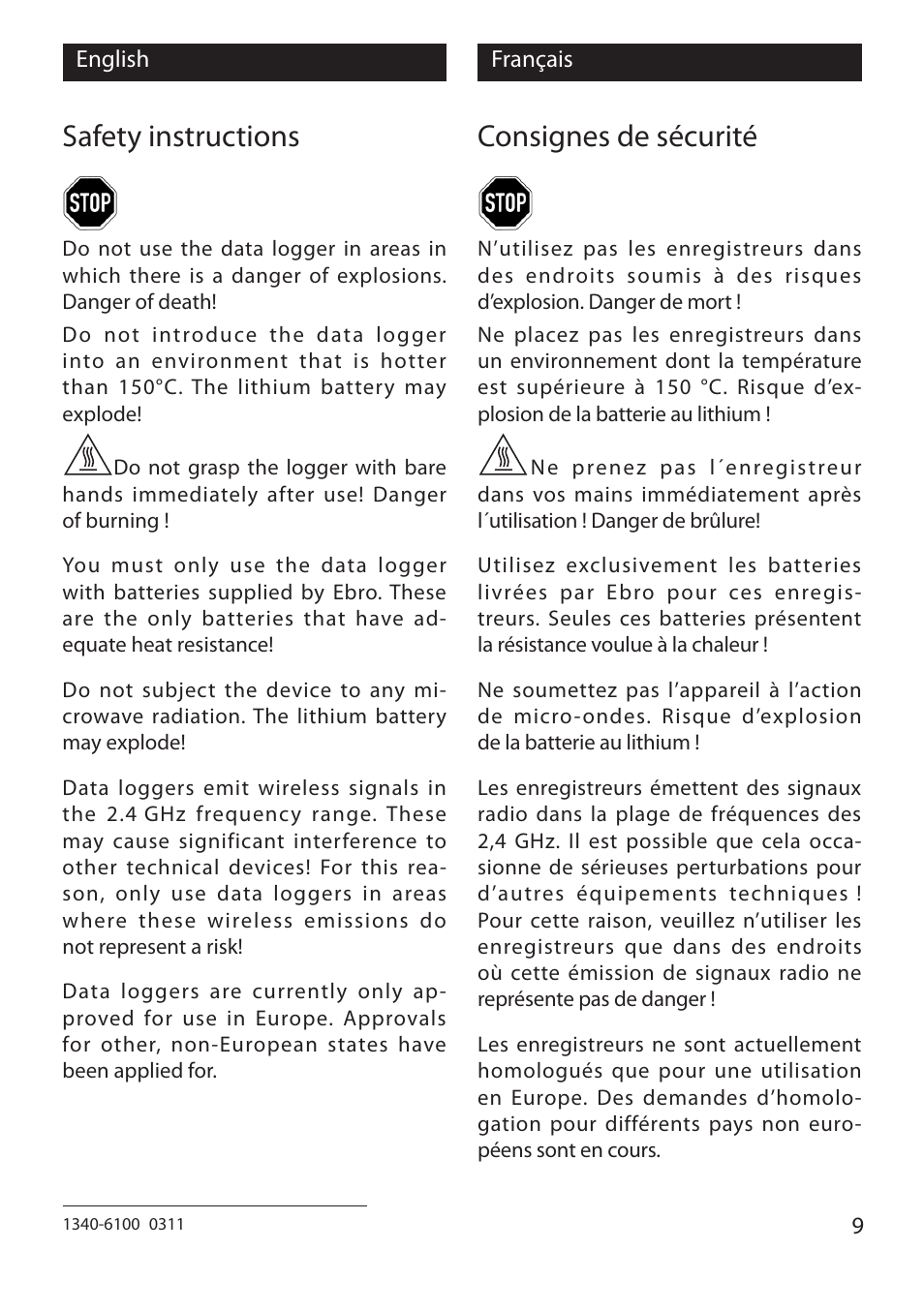 Safety instructions, Consignes de sécurité | Xylem EBI 10 Serie User Manual | Page 9 / 40