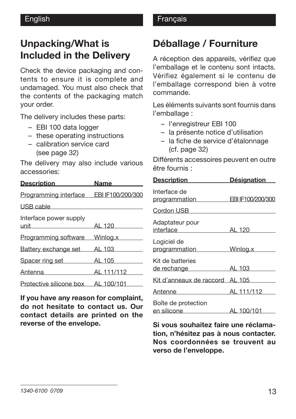 Unpacking/what is included in the delivery, Déballage / fourniture | Xylem EBI 100 Serie User Manual | Page 13 / 40