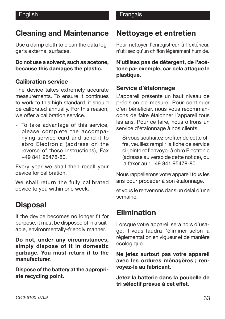 Cleaning and maintenance, Disposal, Nettoyage et entretien | Elimination | Xylem EBI 100 Serie User Manual | Page 33 / 40