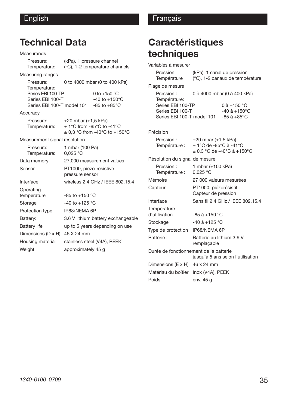 Technical data, Caractéristiques techniques, 35 english français | Xylem EBI 100 Serie User Manual | Page 35 / 40