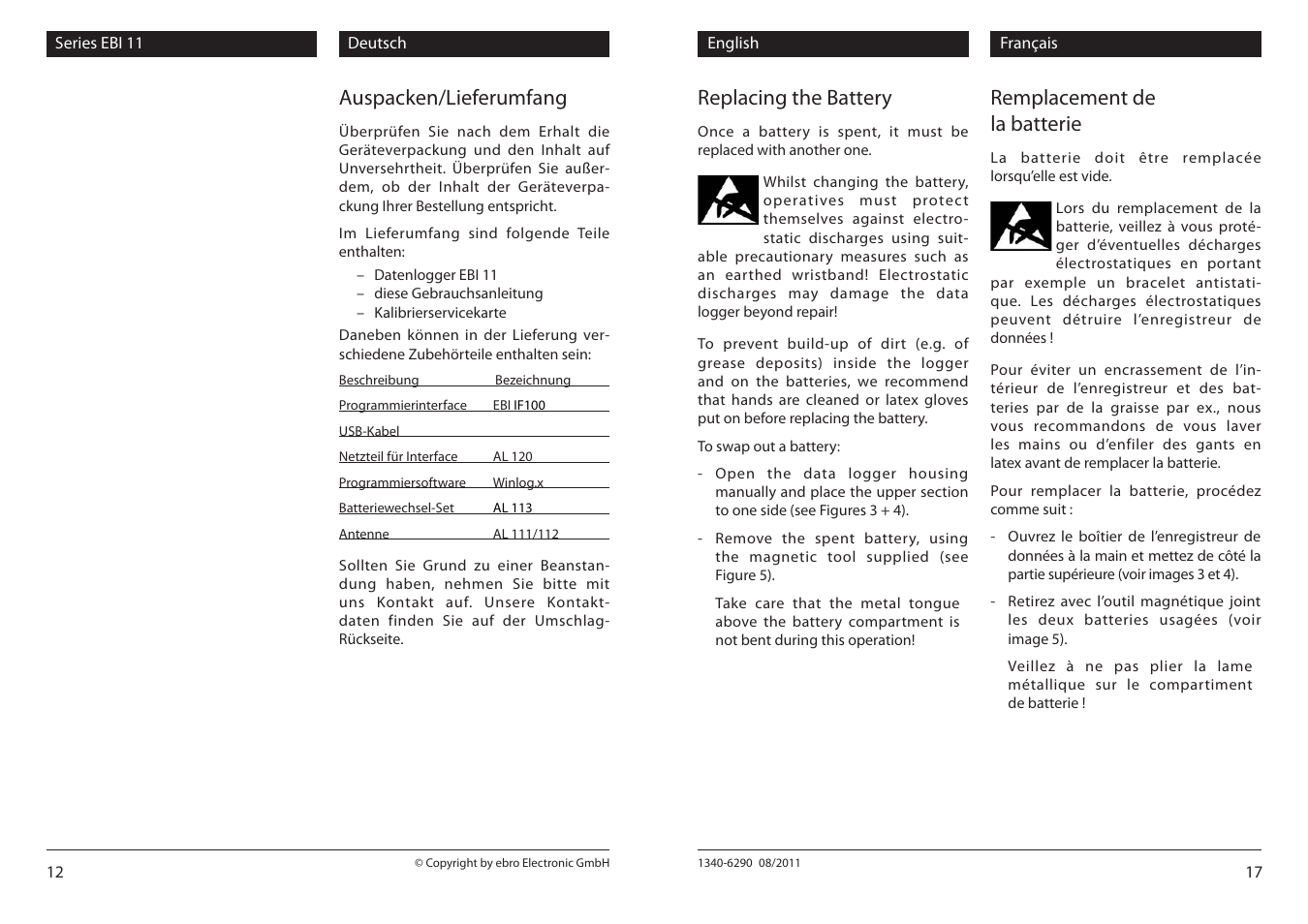 Auspacken/lieferumfang, Replacing the battery, Remplacement de la batterie | Xylem EBI 11 Serie User Manual | Page 12 / 14